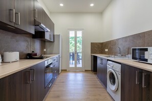 Apartamento, 1 cama de casal e sofá-cama, cozinha, vista para a cidade | Cozinha privada | Geladeira grande, micro-ondas, fogão, cooktop
