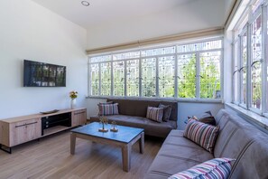 Apartamento, 1 cama de casal e sofá-cama, cozinha, vista para a cidade | Sala de estar | Smart TV 42 polegadas com canais digitais, Netflix