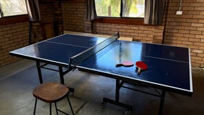 A ping pong table with two paddles, a stool, and a power outlet on a brick wall. - Blackfish located in Cunjurong Point (Cunjurong Point)