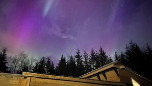 A wooden cabin with two windows and a sloped roof, surrounded by trees under a night sky with visible stars and aurora. - Perfect 3-bedroom house in Hope for a relaxing getaway (Hope)
