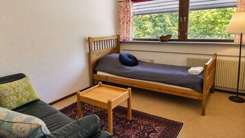 A single bed with a wooden frame, a small bedside table, a green sofa with patterned cushions, and a window with curtains.
