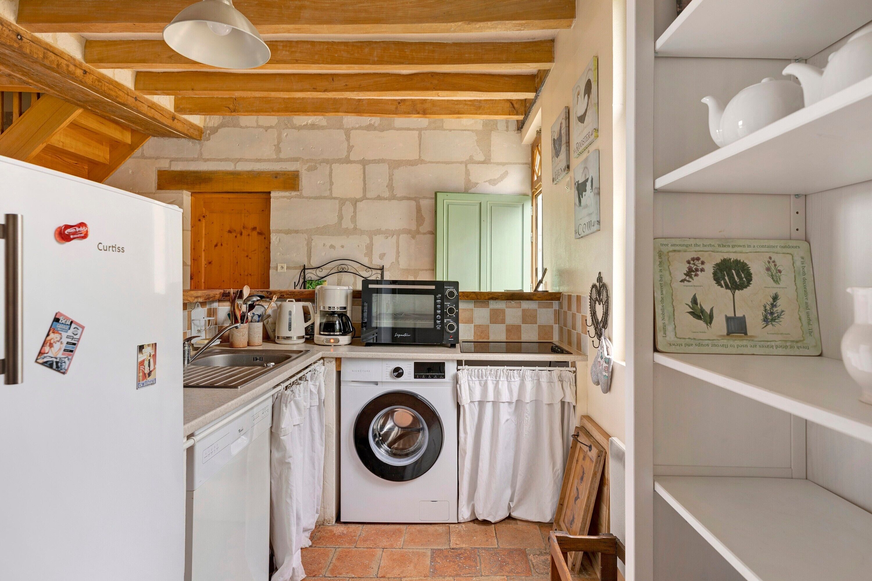 Microwave, coffee/tea maker, high chair