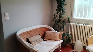 Un salón con un sofá blanco, una planta, un radiador y una estantería.