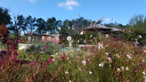 Un jardín con piscina, construcciones de techo de paja y diversas plantas en flor.