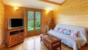 Un intérieur en bois avec un téléviseur posé sur un meuble, un canapé agrémenté de coussins à motifs et une échelle appuyée contre le mur.