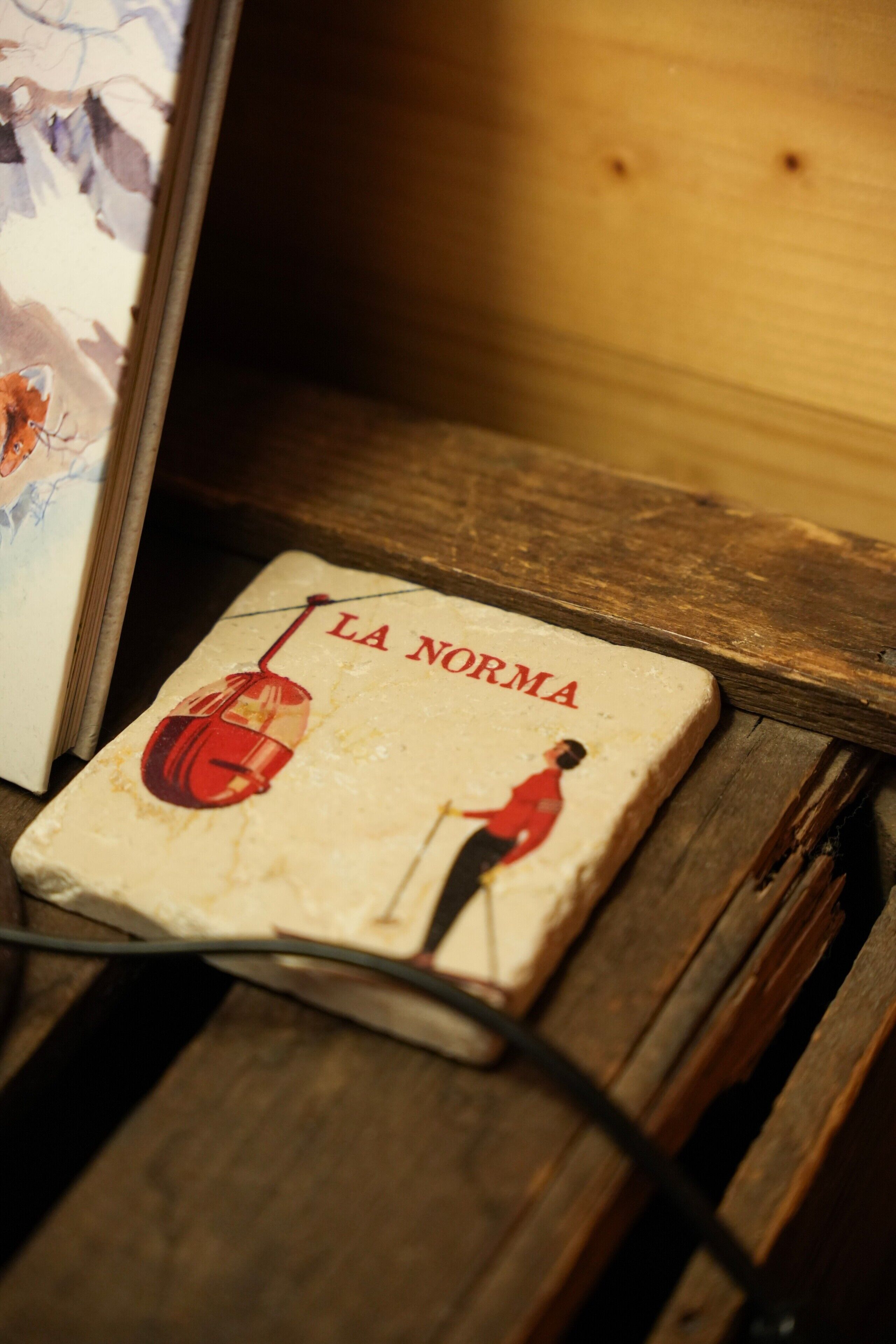 A book titled 'LA NORMA' on a wooden surface.