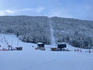 A snow-covered ski slope with a ski lift, a small lodge, and a forested hill. - Cozy Nest La Norma Les Campanules (Villarodin-Bourget)