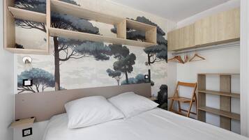 A bedroom with a bed, a headboard, a wall-mounted shelf, and a wardrobe.