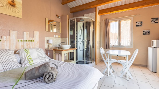 Une chambre comprenant un lit, une table de chevet avec un lavabo, un espace douche et un coin repas avec une table et des chaises.