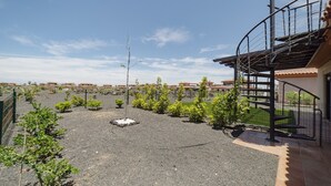 A rooftop garden with a metal staircase, surrounded by a fence, and buildings in the background.