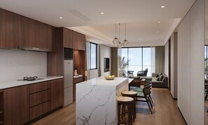 Refrigerador, microondas, utensilios de cocina