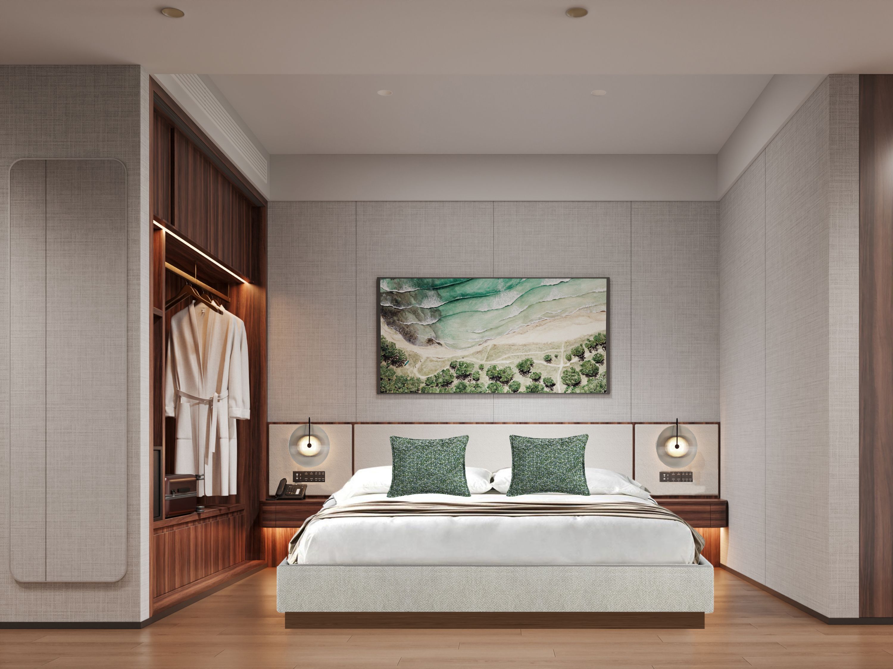 Un dormitorio moderno con una cama grande, un vestidor y un cuadro de un paisaje en la pared.