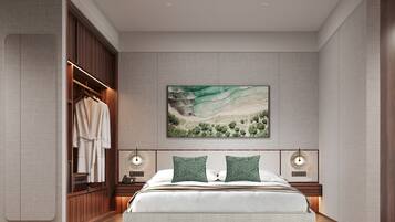 Un dormitorio moderno con una cama grande, un vestidor y un cuadro de un paisaje en la pared.