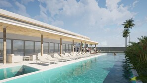Un espace moderne aménagé au bord de la piscine, avec des chaises longues et un coin salon abrité, offrant une vue sur une piscine aux eaux d’un bleu limpide.