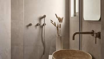 Hair dryer, slippers, towels, toilet paper