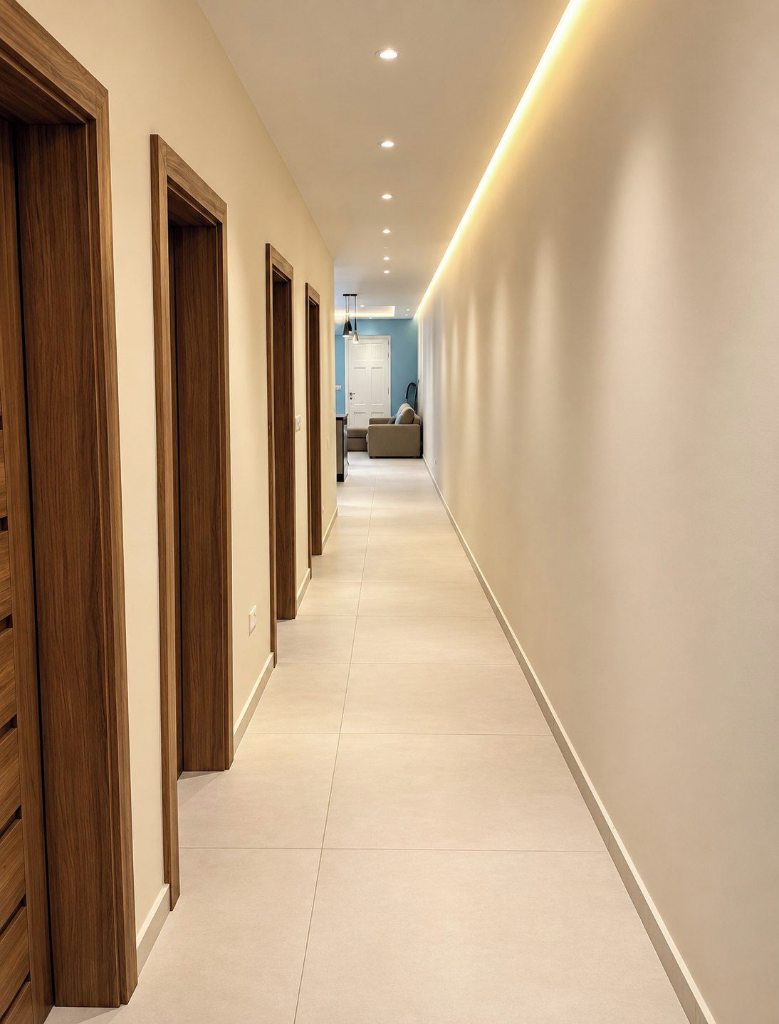 A hallway with wooden doors, recessed ceiling lights, and a sofa in the distance.