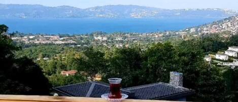 Une vue depuis un balcon, avec une clôture en bambou, un verre contenant un liquide rouge et une vue lointaine sur la ville.