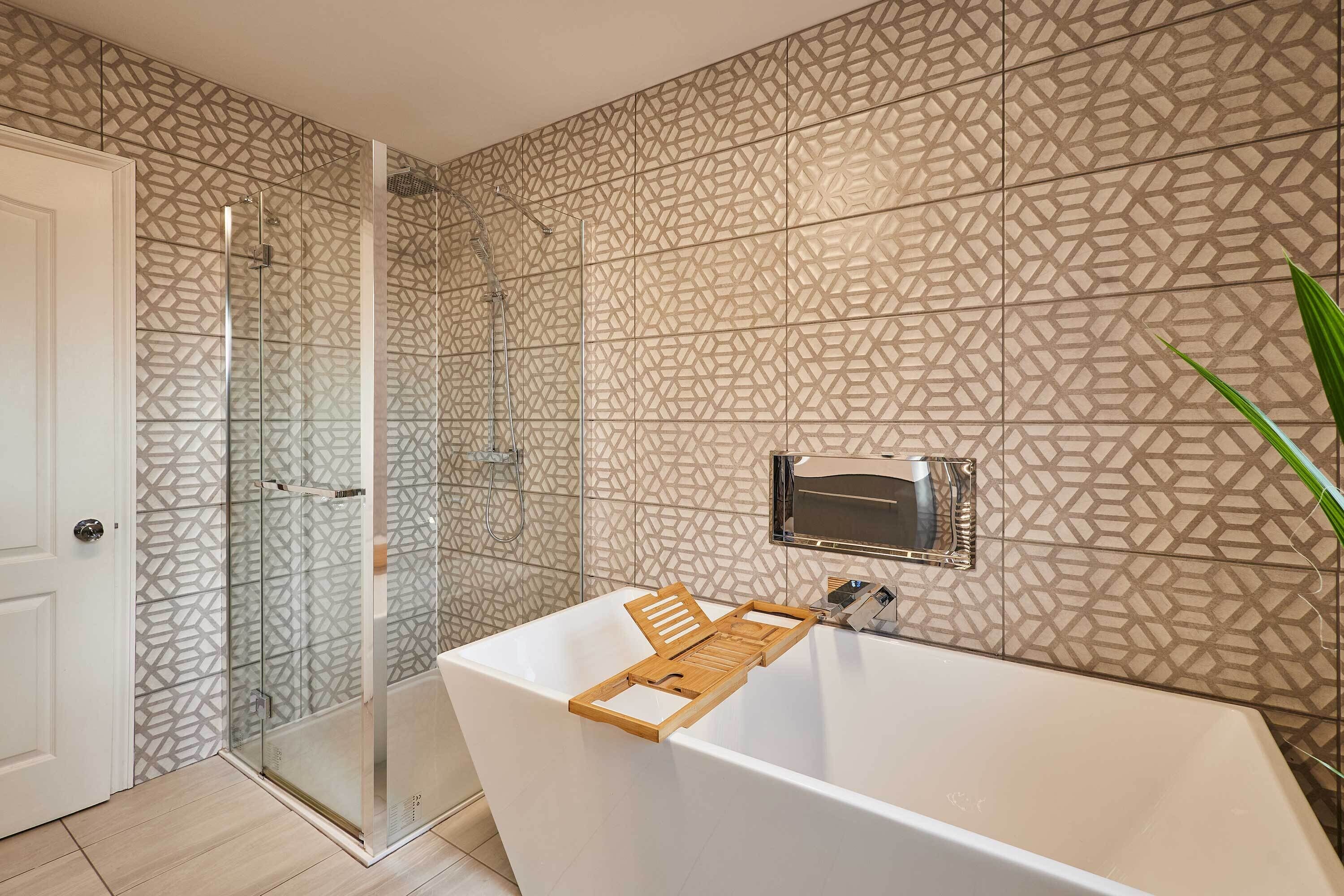 Shower, hair dryer, towels, shampoo