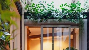 Un espace extérieur aménagé avec deux chaises et une table, un pot de fleurs et une porte vitrée sur laquelle on peut lire le nom « TINA ».