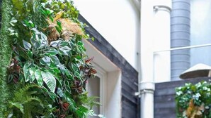 Un espace extérieur moderne agrémenté d’un jardin vertical, d’une petite plante en pot et d’une terrasse en bois.