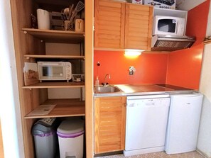 A compact kitchen with wooden cabinets, a microwave, a sink, and a dishwasher. - Studio Cabin Sleeps 6 - Piau-Engaly (Piau-Engaly)