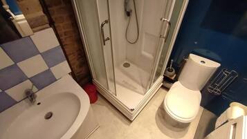 Een haardroger, handdoeken, zeep, toiletpapier