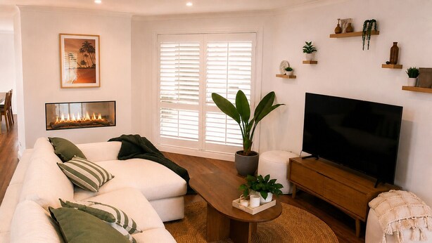 A living room with a sofa, TV, fireplace, and potted plants. - Saltwood Mornington - A Conscious Coastal Retreat (Melbourne)