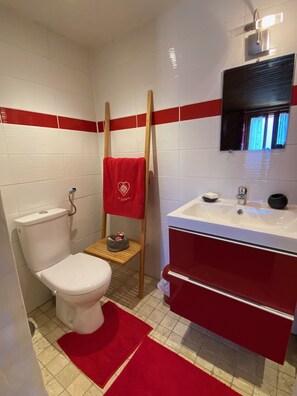 Dusche, Haartrockner, Seife, Toilettenpapier