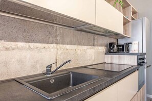 Fridge, microwave, dishwasher