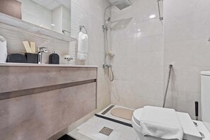 Ducha, secador de pelo, toallas y champú