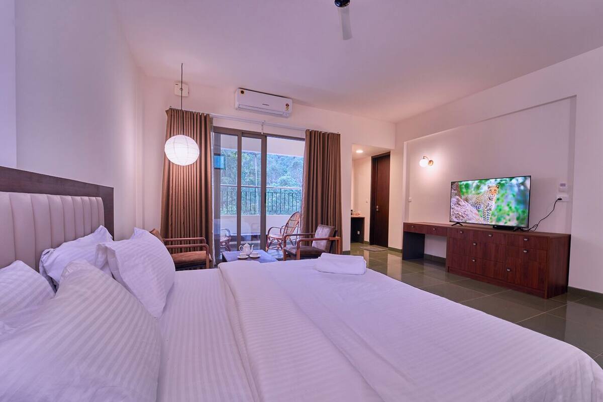 A hotel room with a large bed, a television, a wooden cabinet, and a balcony with curtains.