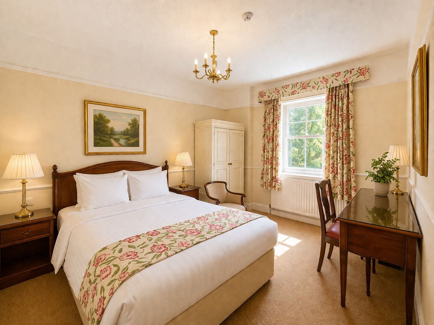 A bedroom with a large bed, two bedside tables with lamps, a desk with a chair, a chandelier, a window with floral curtains, and a painting on the wall.