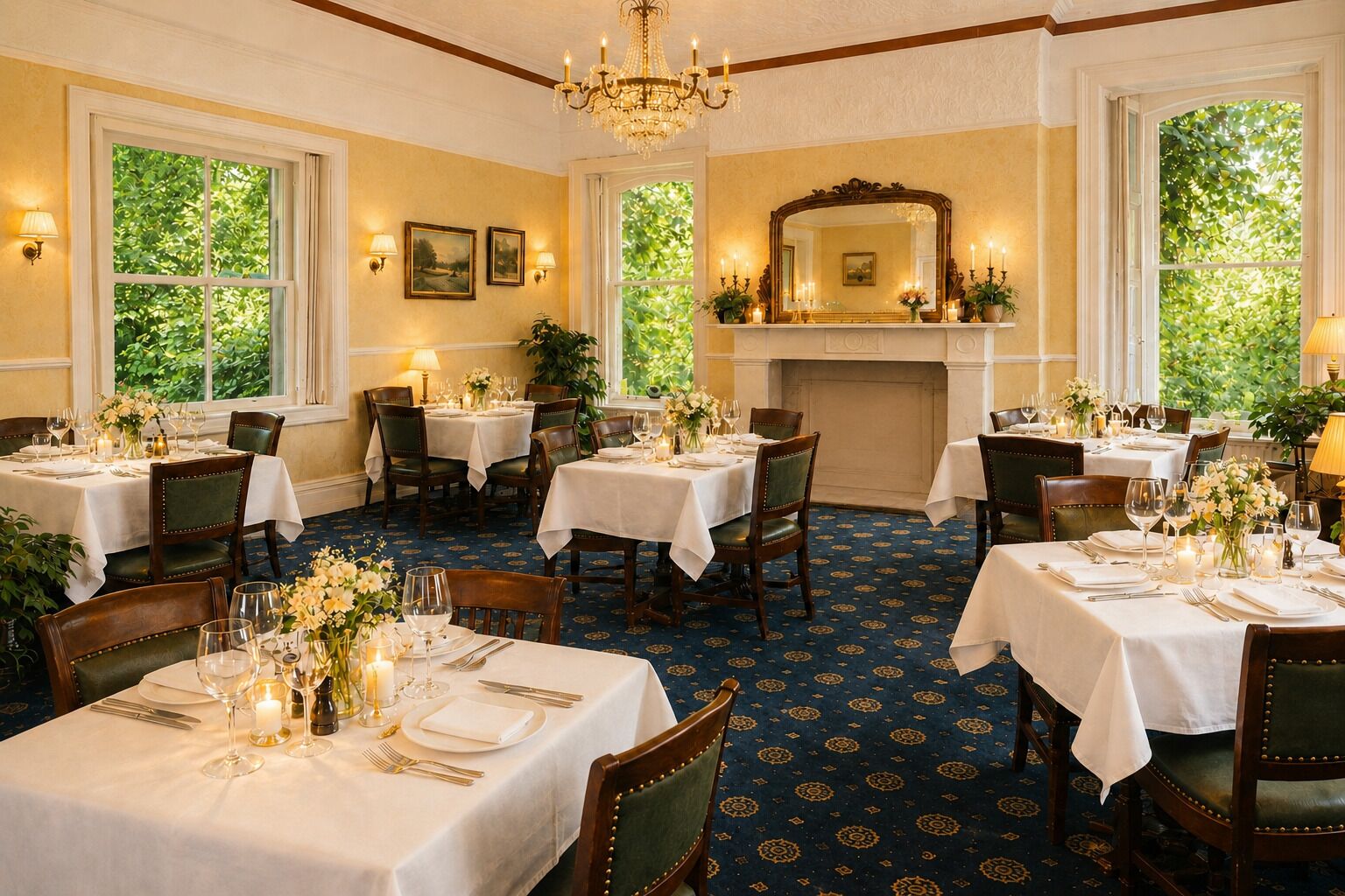 A dining room with tables set for a meal, large windows, and a chandelier.