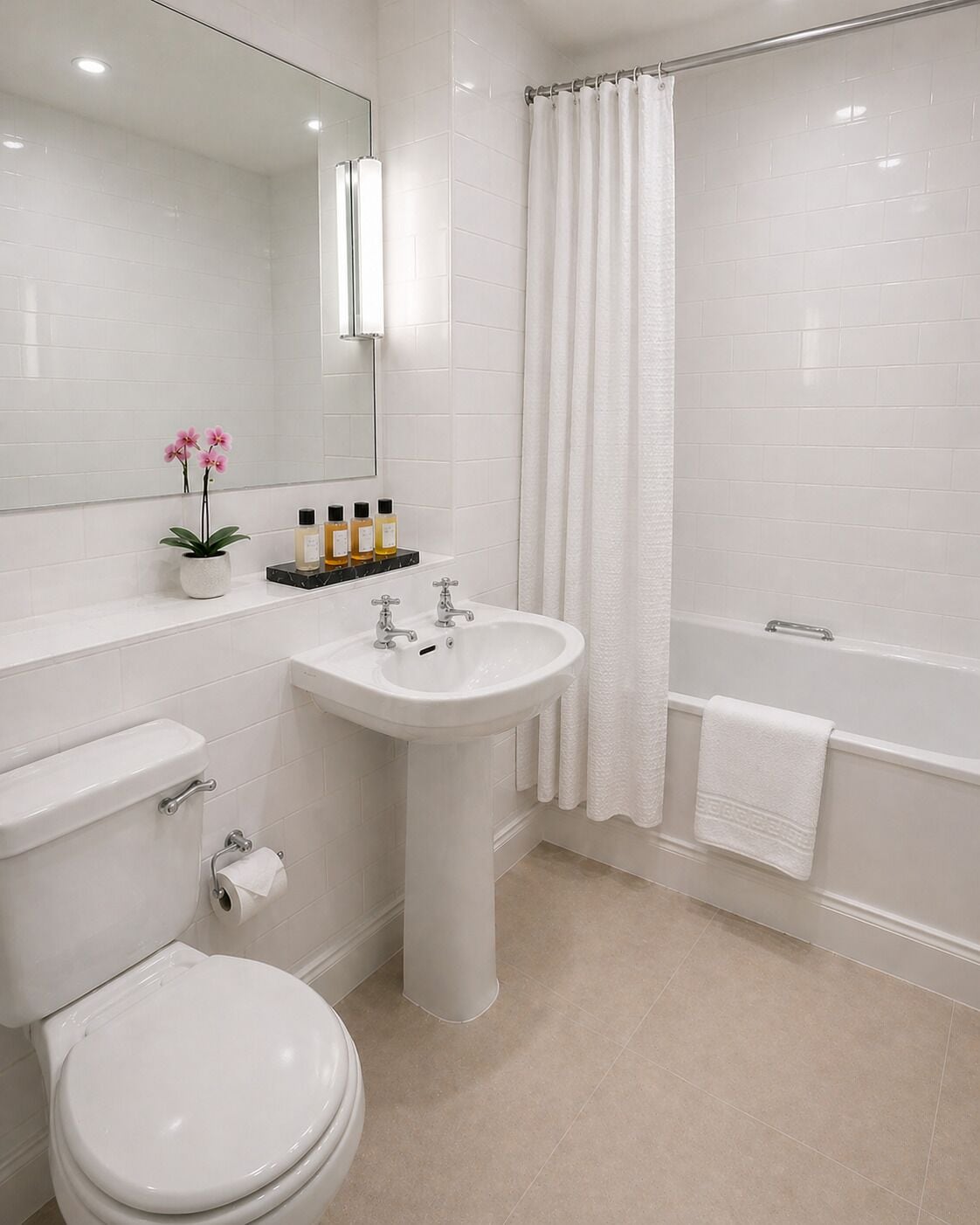 Combined shower/bathtub, hair dryer, towels, soap