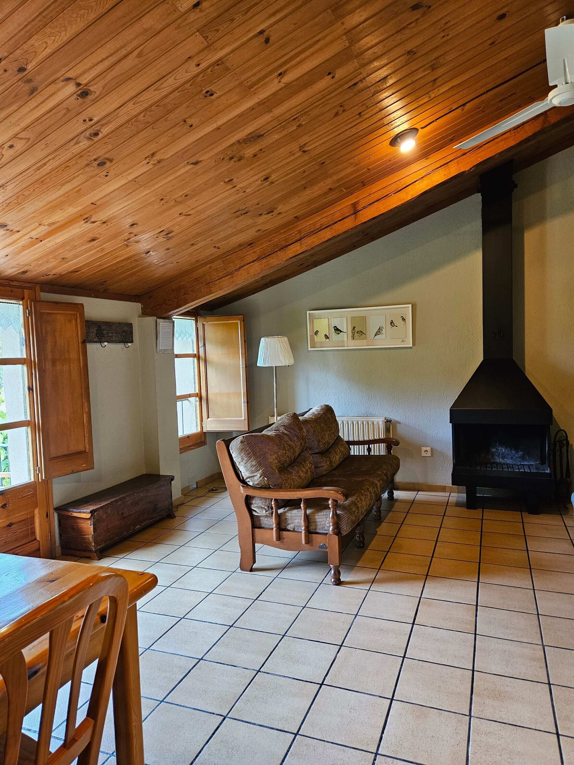 Een televisie, een open haard, een dvd-speler en een tafeltennistafel