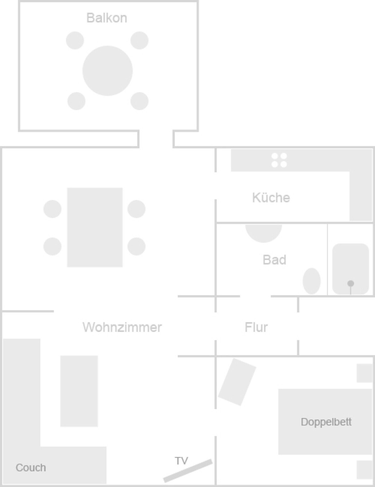 Pianta di un hotel con balcone, soggiorno, cucina, bagno e televisione.