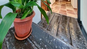 A hallway with a potted plant, wooden flooring, and a tiled floor leading to a door. - Hotel Pozo Rey by youroom (Chipiona)