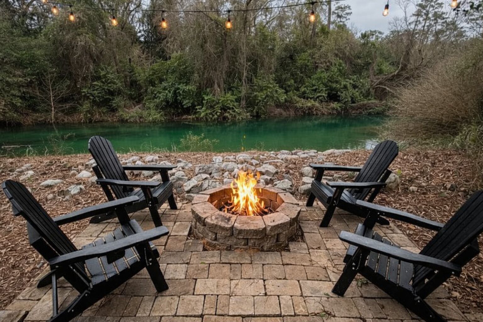 Un foyer entouré de quatre chaises Adirondack, installé sur une terrasse en pierre avec une rivière en arrière-plan.