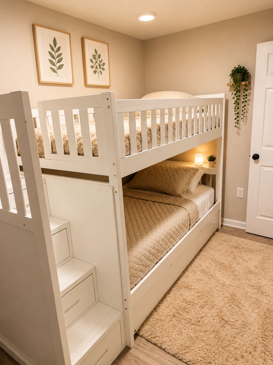 A bunk bed with a white frame, a bedside lamp, and a small plant on a shelf.