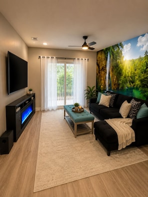 TV, fireplace