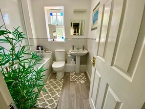 Hair dryer, towels, soap, toilet paper