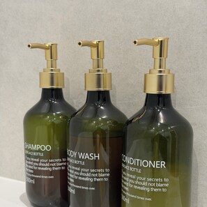 Hair dryer, towels, soap, toilet paper