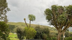 Una vasca idromassaggio in legno su un patio con vista panoramica su colline e alberi.