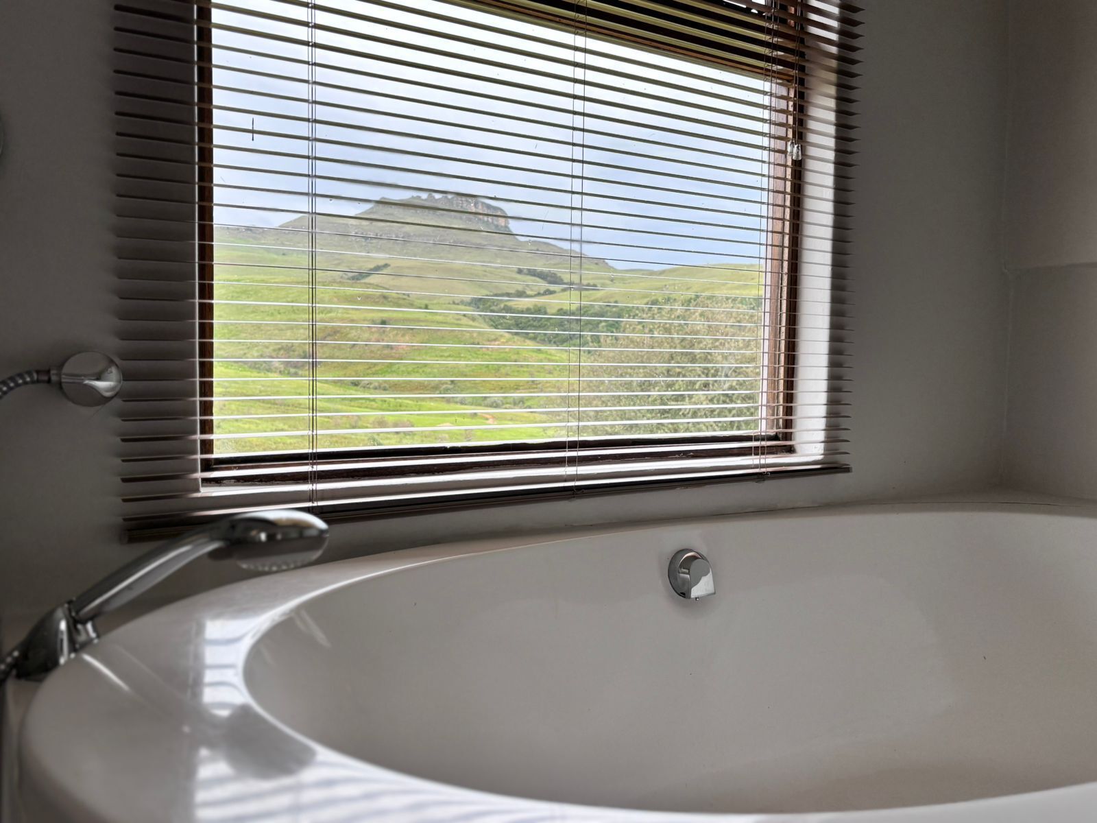 A bathroom with a large bathtub, a window with blinds, and a view of a green landscape.