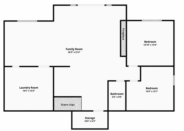 Een plattegrond met een familiekamer, twee slaapkamers, een badkamer, een wasruimte en een berging.