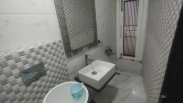 Hair dryer, towels, soap, toilet paper