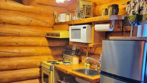 A compact kitchen with wooden walls, a stainless steel refrigerator, a microwave, a stove, and a sink. - ^^LOG CABIN ON THE RIVER! Alaskan Aurora Adventure (Fairbanks)