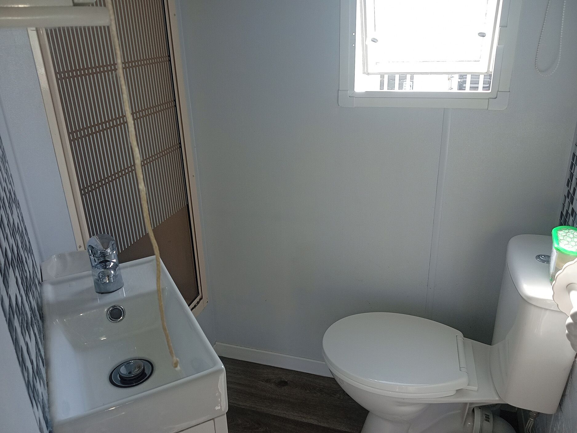 A bathroom with a toilet, a sink, and a window.