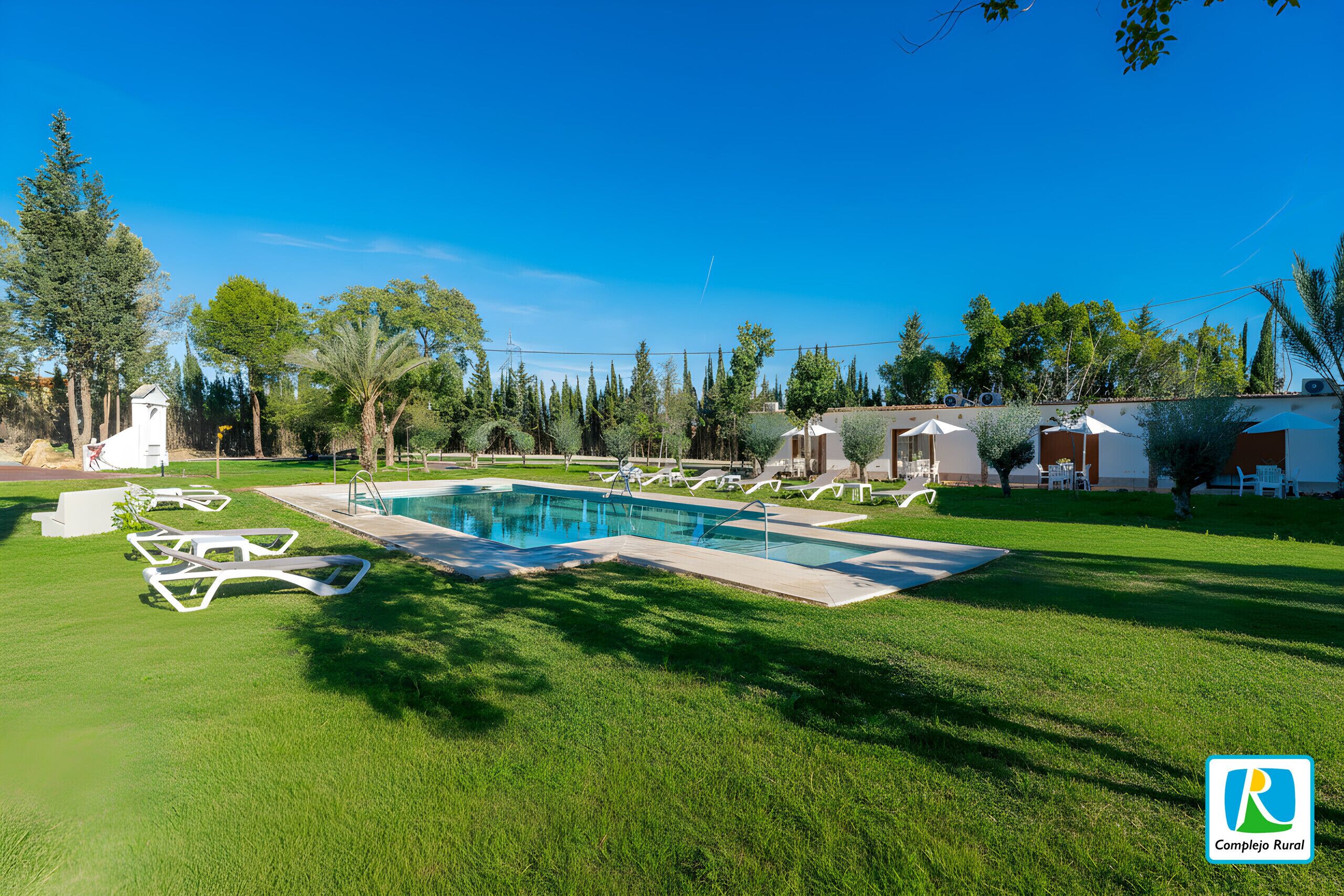 A swimming pool with lounge chairs, surrounded by a well-maintained lawn and trees.