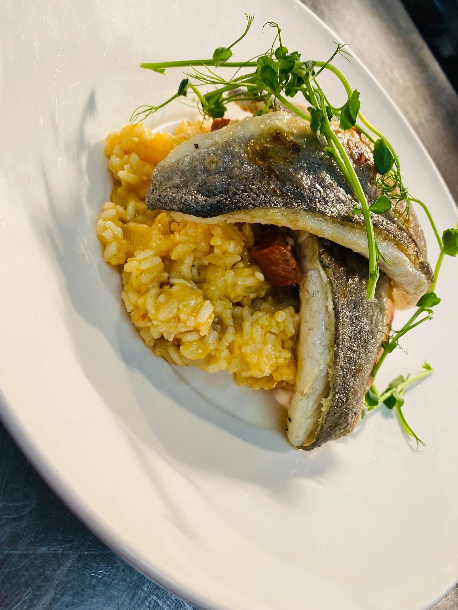 A plate with a fish fillet and rice.